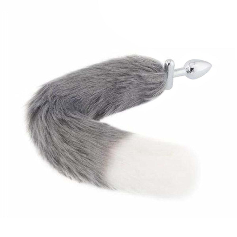 Grey with White Fox Shapeable Metal Tail Plug, 18"