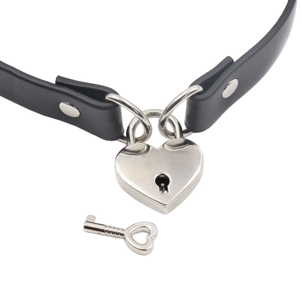 BDSM Choker Day Collar – 925 Sterling Silver Plated Necklace With Heart Padlock And Key – 4 Microns Thick, Pure Silver Finish