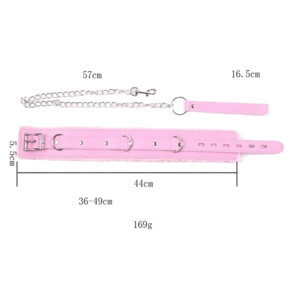 Fluffy Pink Leather Collar With Leash