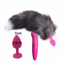 15" Dark Fox Tail with Pink Silicone Princess-type Plug and Extra Vibrator