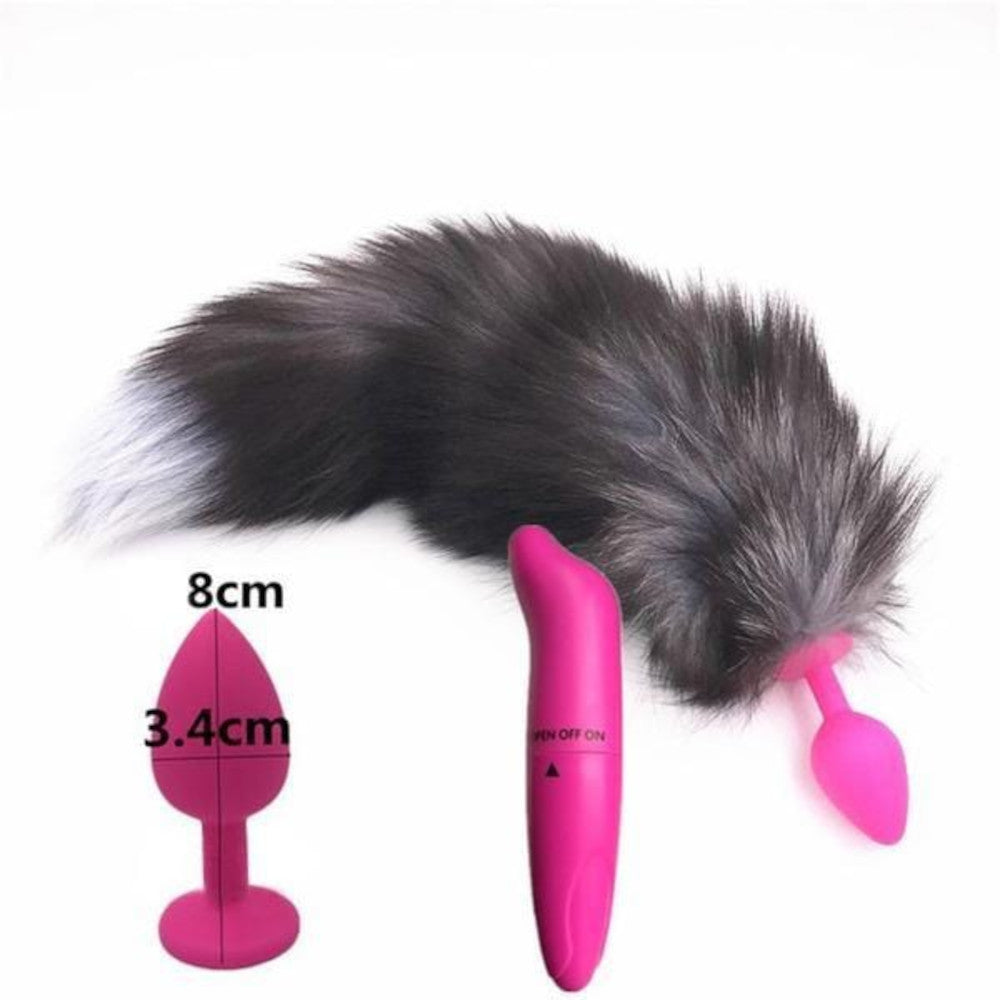 15" Dark Fox Tail with Pink Silicone Princess-type Plug and Extra Vibrator