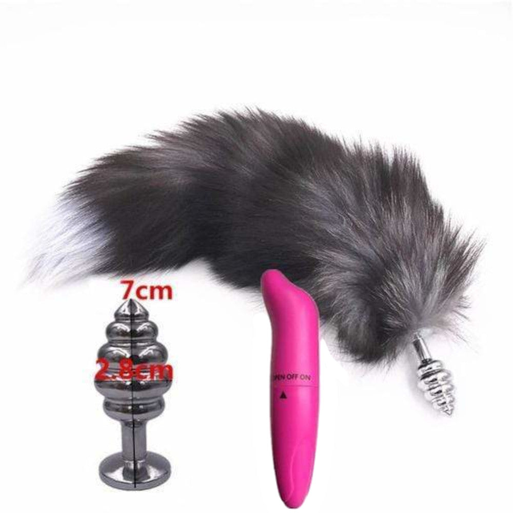 15" Dark Fox Tail with Ribbed-type Princess Plug and Extra Vibrator