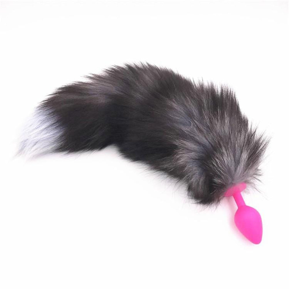 15" Dark Fox Tail with Pink Silicone Princess-type Plug and Extra Vibrator