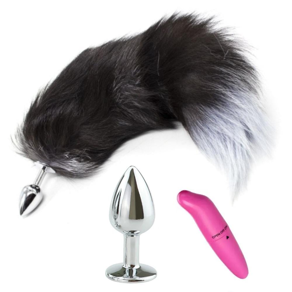 15" Dark Fox Tail with Princess-type Steel Plug and Extra Vibrator