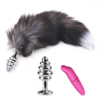 15" Dark Fox Tail with Ribbed-type Princess Plug and Extra Vibrator